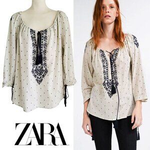 ZARA Boho Embroidered Peasant Top Unbleached Cotton with Navy Blue Stitching XL